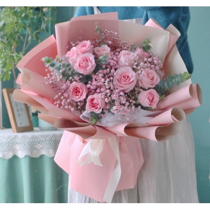 偶然-11朵粉玫瑰花束